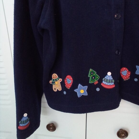 VTG C&B SPORT XL FLEECE BUTTON-UP NAVY CHRISTMAS TREES STARS GINGERBREAD TEACHER - Picture 4 of 9